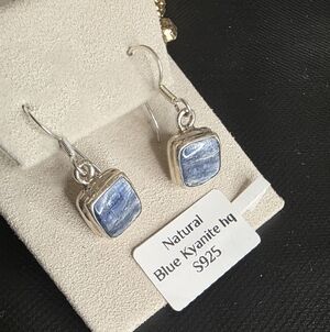 Natural Blue Kyanite Earrings 925 Sterling Silver Square Cabochon Dangle